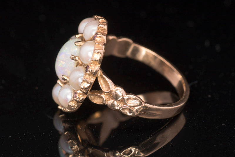 Vintage 9ct Gold, Opal, Cultured Pearl & Ruby, Georgian Style Cluster Ring.