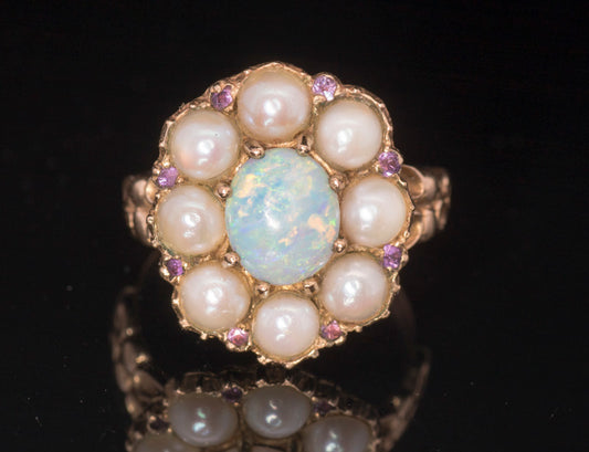 Vintage 9ct Gold, Opal, Cultured Pearl & Ruby, Georgian Style Cluster Ring.