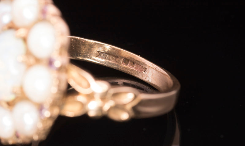 Vintage 9ct Gold, Opal, Cultured Pearl & Ruby, Georgian Style Cluster Ring.