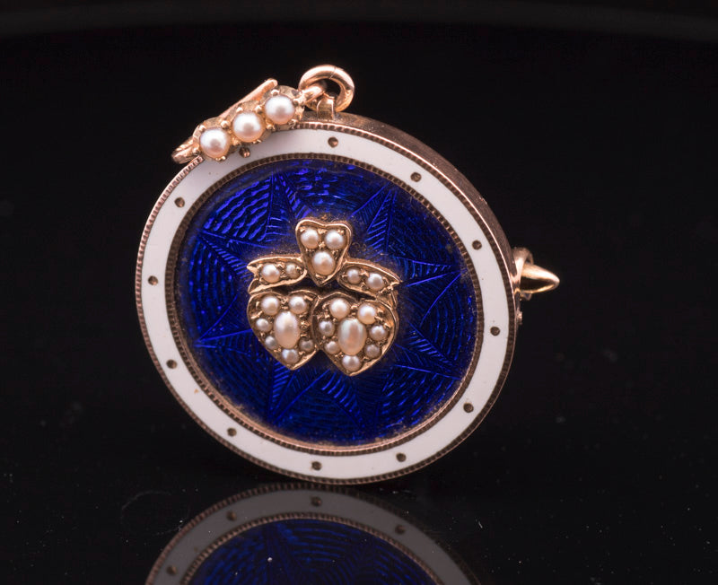 Beautiful Victorian 15ct Gold Blue Guilloche Enamel and Seed Pearl Brooch Cum Pendant.
