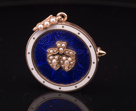 Beautiful Victorian 15ct Gold Blue Guilloche Enamel and Seed Pearl Brooch Cum Pendant.