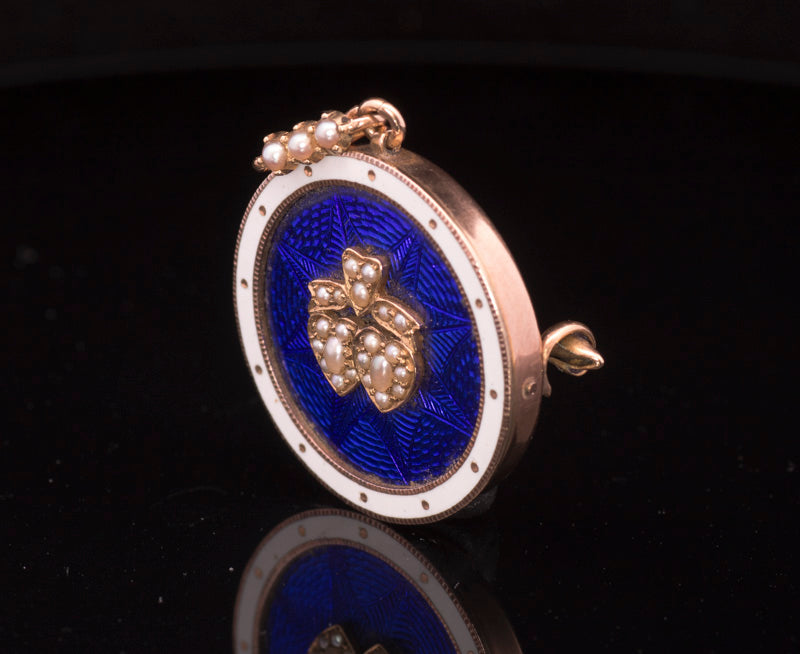 Beautiful Victorian 15ct Gold Blue Guilloche Enamel and Seed Pearl Brooch Cum Pendant.