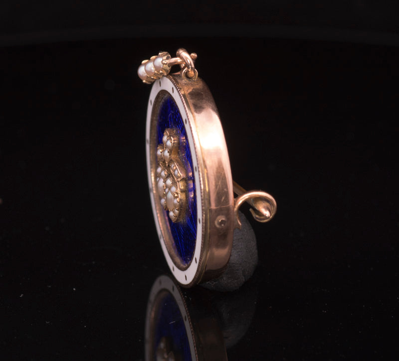 Beautiful Victorian 15ct Gold Blue Guilloche Enamel and Seed Pearl Brooch Cum Pendant.