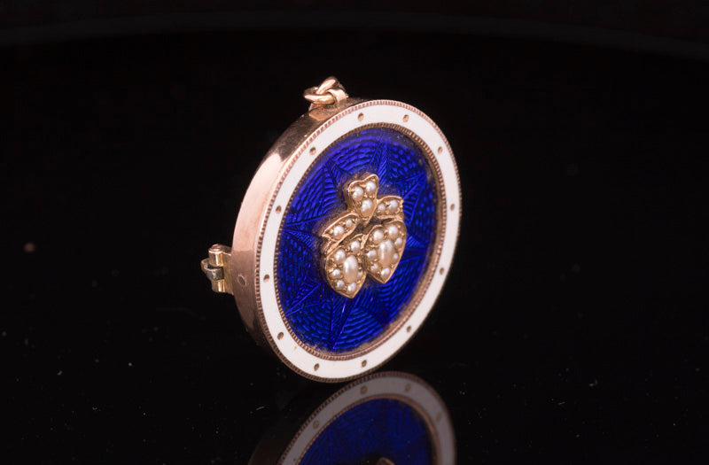Beautiful Victorian 15ct Gold Blue Guilloche Enamel and Seed Pearl Brooch Cum Pendant.