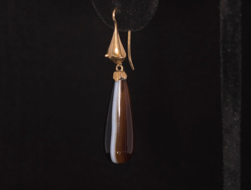 Antique Victorian 15ct Gold and Agate 'Snake' Drop Earrings. English C.1870