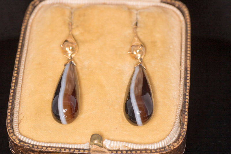 Antique Victorian 15ct Gold and Agate 'Snake' Drop Earrings. English C.1870