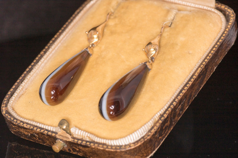 Antique Victorian 15ct Gold and Agate 'Snake' Drop Earrings. English C.1870