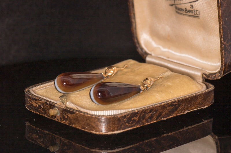 Antique Victorian 15ct Gold and Agate 'Snake' Drop Earrings. English C.1870