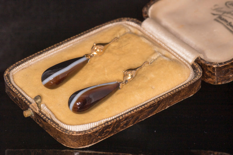 Antique Victorian 15ct Gold and Agate 'Snake' Drop Earrings. English C.1870