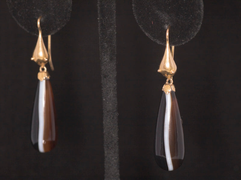 Antique Victorian 15ct Gold and Agate 'Snake' Drop Earrings. English C.1870