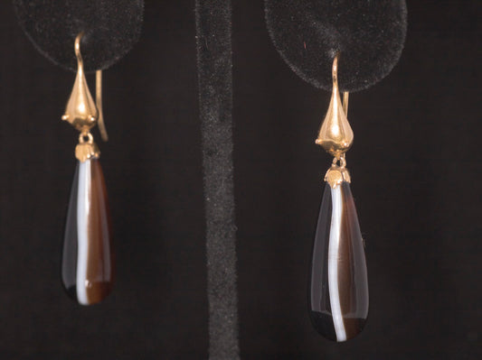 Antique Victorian 15ct Gold and Agate 'Snake' Drop Earrings. English C.1870