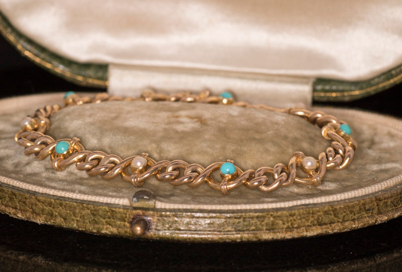 Antique 15ct Gold, Turquoise and Natural Split Pearl Bracelet. Original Fitted Box. Mappin & Webb
