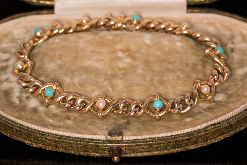 Antique 15ct Gold, Turquoise and Natural Split Pearl Bracelet. Original Fitted Box. Mappin & Webb