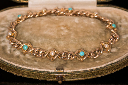 Antique 15ct Gold, Turquoise and Natural Split Pearl Bracelet. Original Fitted Box. Mappin & Webb