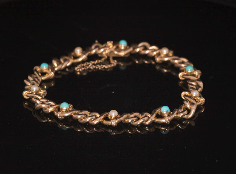 Antique 15ct Gold, Turquoise and Natural Split Pearl Bracelet. Original Fitted Box. Mappin & Webb