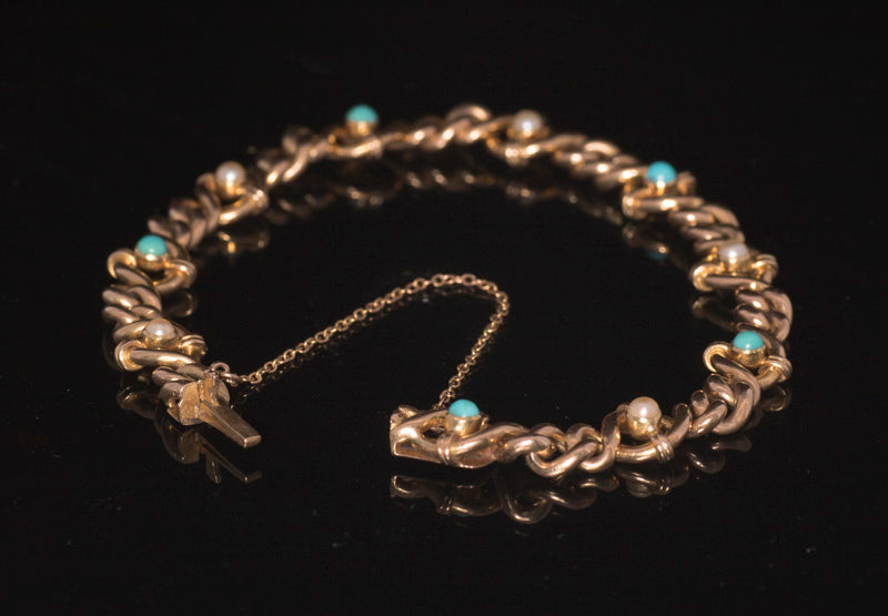 Antique 15ct Gold, Turquoise and Natural Split Pearl Bracelet. Original Fitted Box. Mappin & Webb