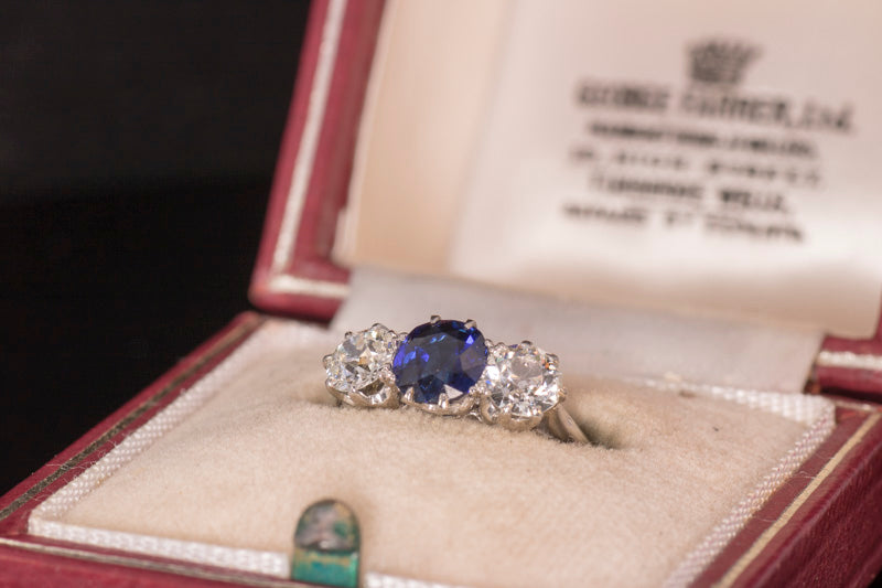 Outstanding Art-Deco Platinum, Sapphire and Diamond 3 Stone Ring 1.19ct Certified Natural No Heat. George Farrer
