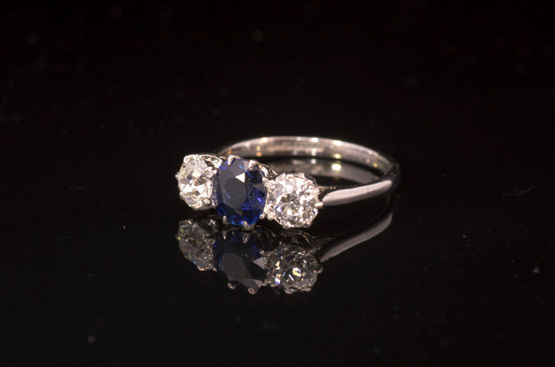 Outstanding Art-Deco Platinum, Sapphire and Diamond 3 Stone Ring 1.19ct Certified Natural No Heat. George Farrer