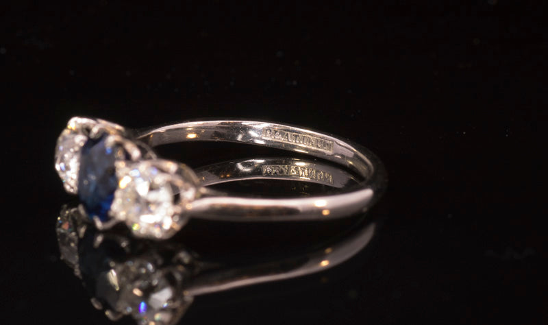 Outstanding Art-Deco Platinum, Sapphire and Diamond 3 Stone Ring 1.19ct Certified Natural No Heat. George Farrer