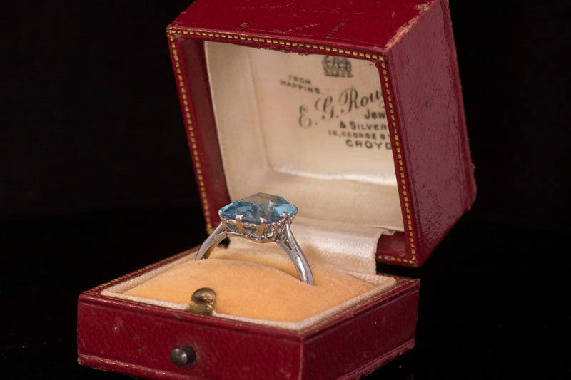 A Fine Antique 4.00ct Aquamarine Ring. Genuine Art Deco. Superb Colour, Hand Made Platinum Mount.