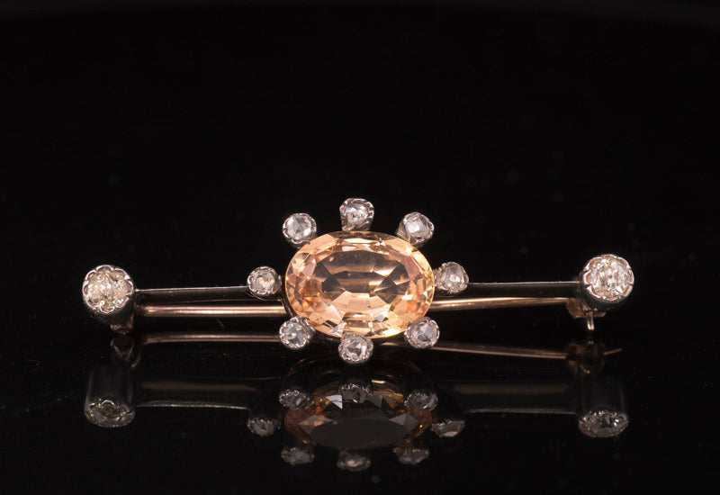 Rare Antique Golden Topaz and Old Cut Diamonds Brooch Circa 1840/1850. Gold and Silver Set.