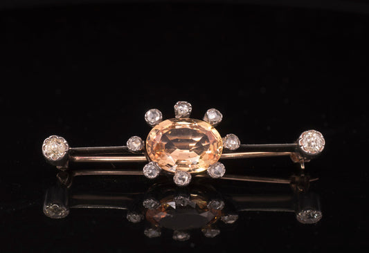 Rare Antique Golden Topaz and Old Cut Diamonds Brooch Circa 1840/1850. Gold and Silver Set.