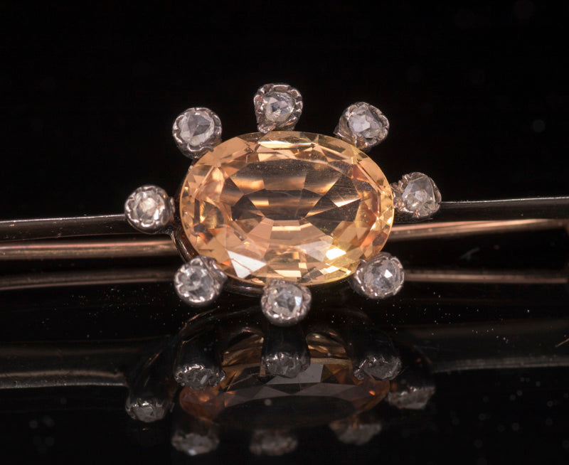 Rare Antique Golden Topaz and Old Cut Diamonds Brooch Circa 1840/1850. Gold and Silver Set.