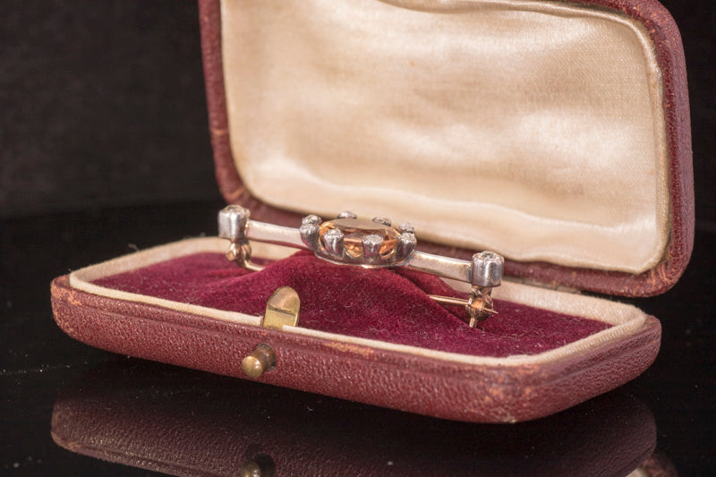 Rare Antique Golden Topaz and Old Cut Diamonds Brooch Circa 1840/1850. Gold and Silver Set.