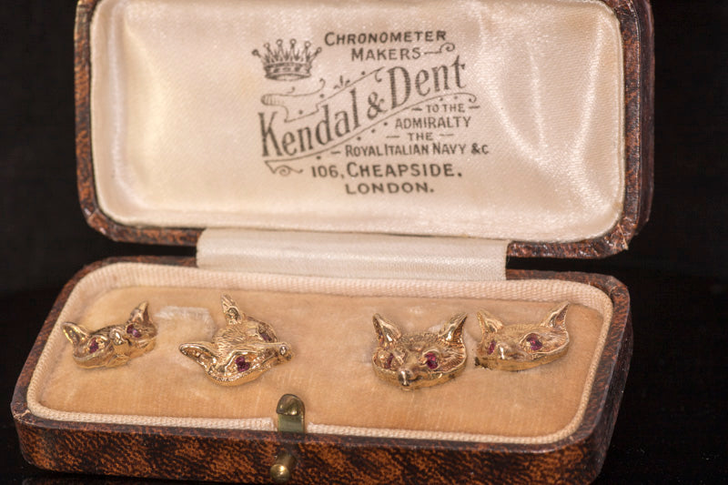 Unusual Vintage 9ct Gold 'Fox Head' Cufflinks. Ruby Eyes.