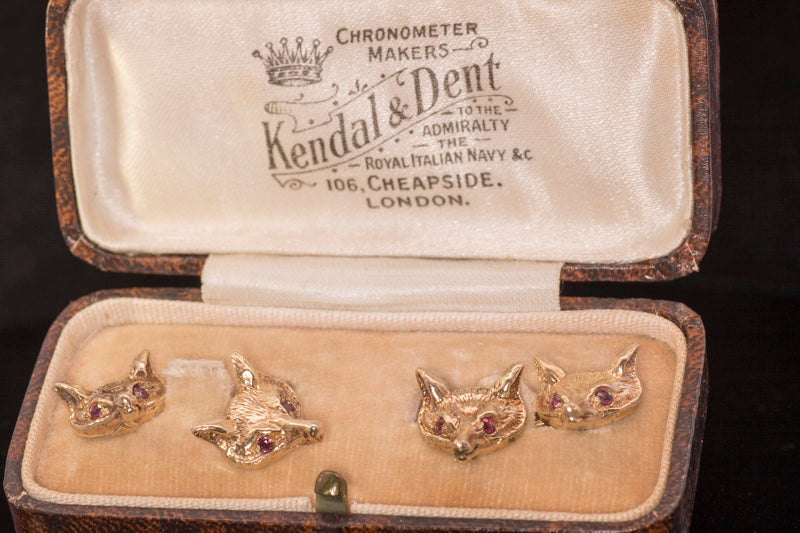 Unusual Vintage 9ct Gold 'Fox Head' Cufflinks. Ruby Eyes.