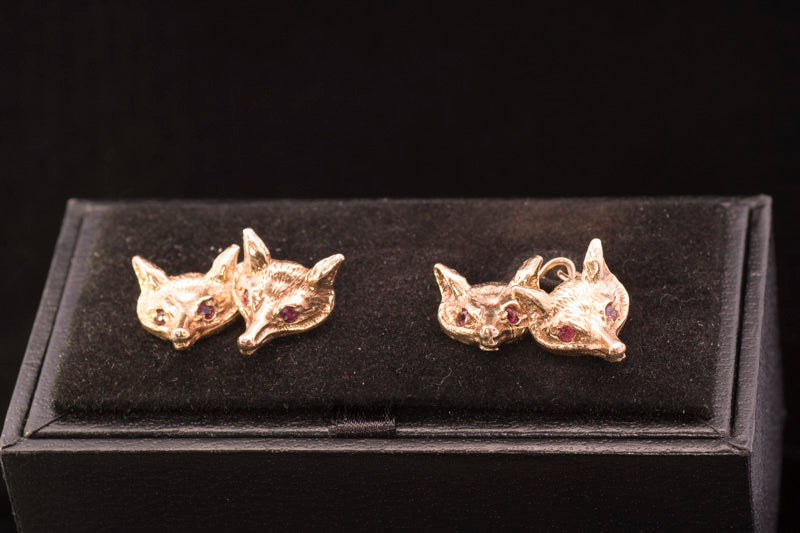 Unusual Vintage 9ct Gold 'Fox Head' Cufflinks. Ruby Eyes.