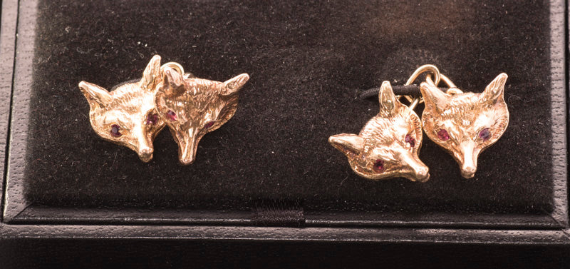 Unusual Vintage 9ct Gold 'Fox Head' Cufflinks. Ruby Eyes.
