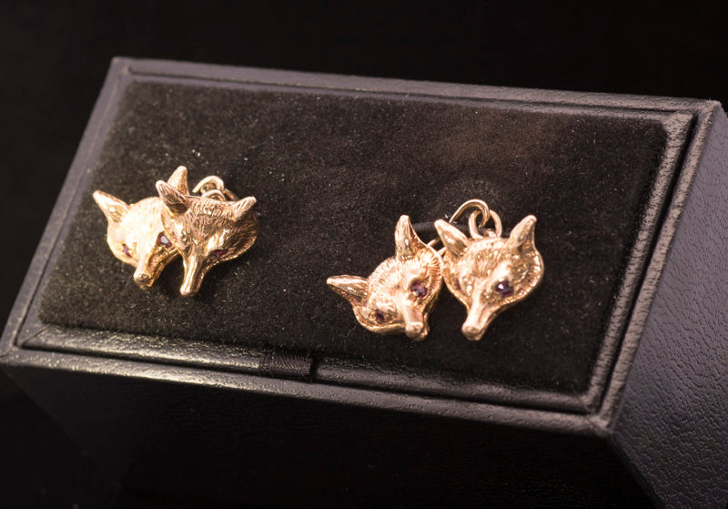 Unusual Vintage 9ct Gold 'Fox Head' Cufflinks. Ruby Eyes.