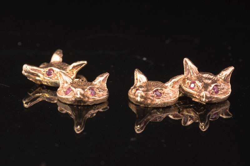 Unusual Vintage 9ct Gold 'Fox Head' Cufflinks. Ruby Eyes.
