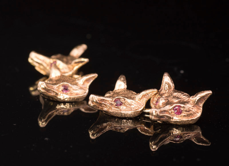 Unusual Vintage 9ct Gold 'Fox Head' Cufflinks. Ruby Eyes.