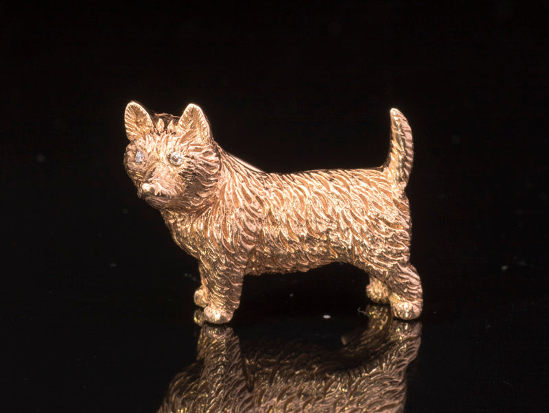Vintage 9ct Gold Puppy Dog Brooch. Diamond Eyes. Walker & Hall.