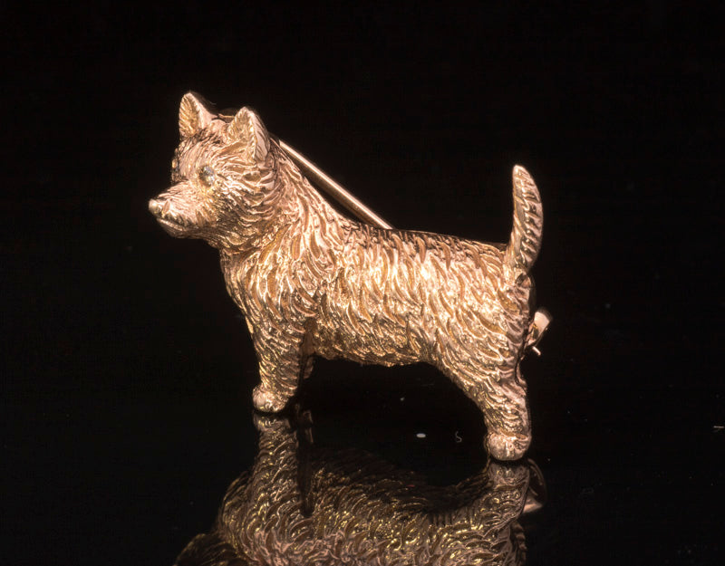 Vintage 9ct Gold Puppy Dog Brooch. Diamond Eyes. Walker & Hall.