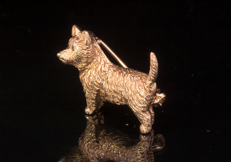 Vintage 9ct Gold Puppy Dog Brooch. Diamond Eyes. Walker & Hall.