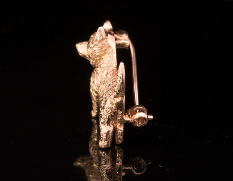 Vintage 9ct Gold Puppy Dog Brooch. Diamond Eyes. Walker & Hall.