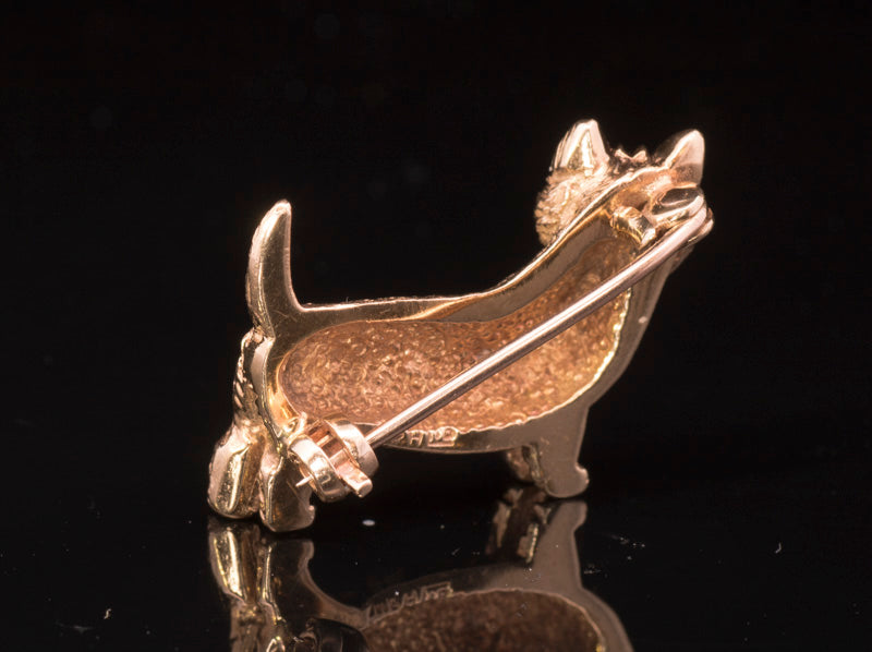 Vintage 9ct Gold Puppy Dog Brooch. Diamond Eyes. Walker & Hall.