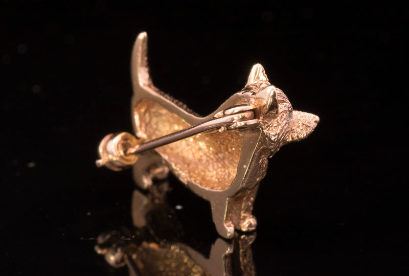 Vintage 9ct Gold Puppy Dog Brooch. Diamond Eyes. Walker & Hall.
