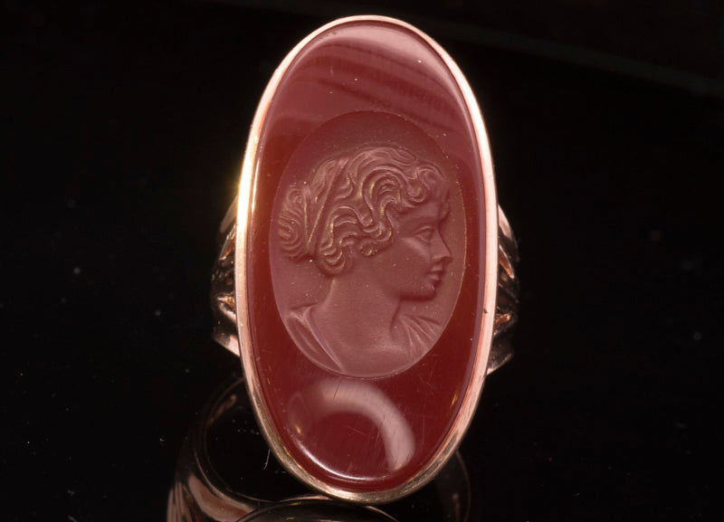 Large Vintage 9ct Rose Gold Carved Carnelian Dress Ring. Assayed in London 1973