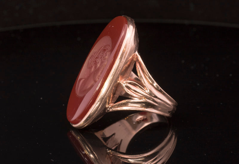 Large Vintage 9ct Rose Gold Carved Carnelian Dress Ring. Assayed in London 1973