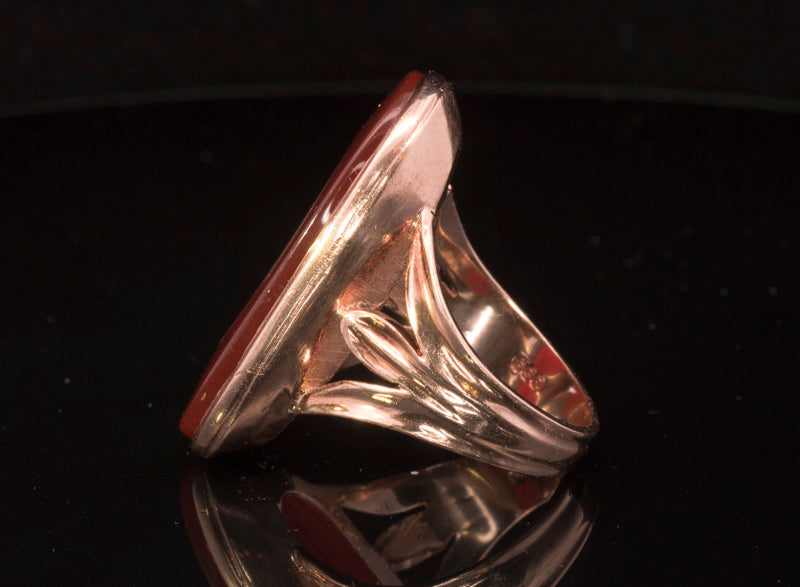 Large Vintage 9ct Rose Gold Carved Carnelian Dress Ring. Assayed in London 1973