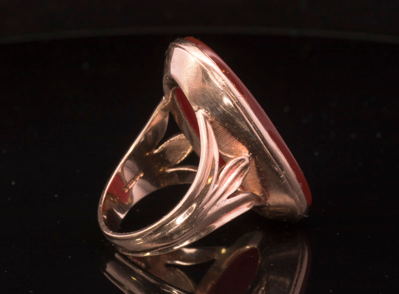 Large Vintage 9ct Rose Gold Carved Carnelian Dress Ring. Assayed in London 1973