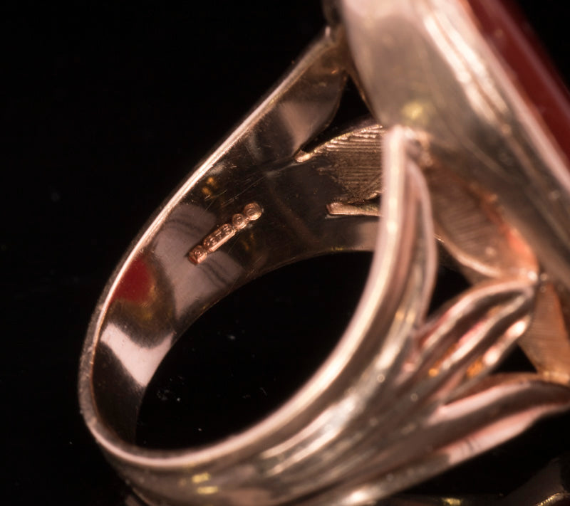 Large Vintage 9ct Rose Gold Carved Carnelian Dress Ring. Assayed in London 1973