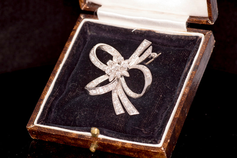 Beautiful Antique 18ct White Gold and Diamond Bow Brooch. English Circa 1948