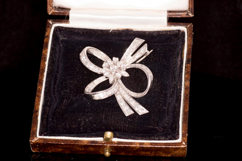 Beautiful Antique 18ct White Gold and Diamond Bow Brooch. English Circa 1948