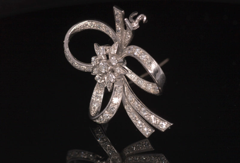 Beautiful Antique 18ct White Gold and Diamond Bow Brooch. English Circa 1948