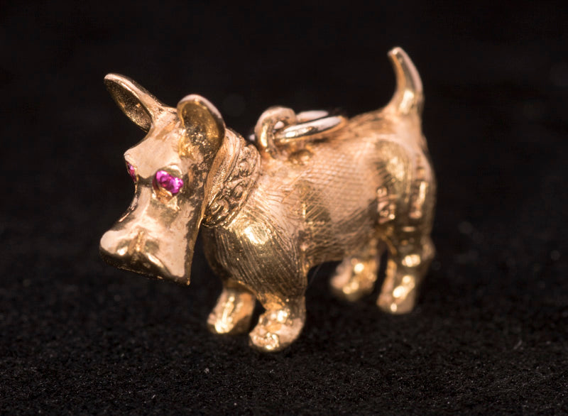 Vintage 9ct Gold Georg Jenson Ruby Eyes 'Scotty' Dog Charm. London 1972